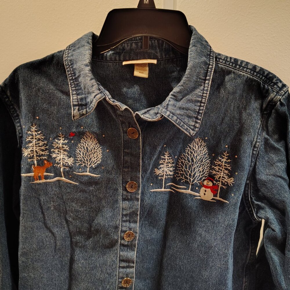 Decorated Originals Vintage Embroidered Christmas Denim Button Front Shirt XL - Picture 4 of 12
